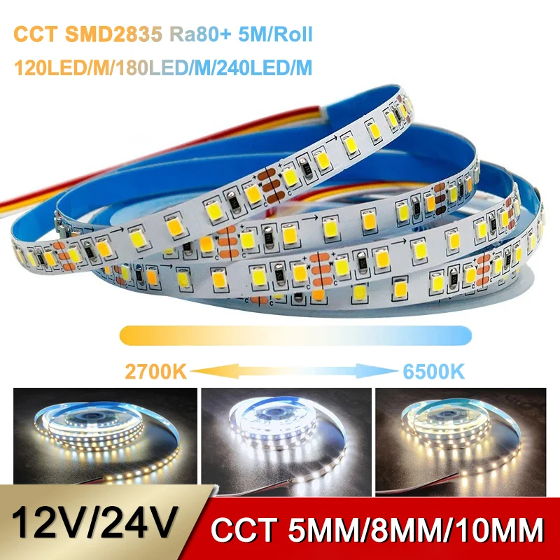 High Brightness 5M CCT 2700k-6500k Dimmable 12V 24V 5mm 8mm 10mm SMD2835 2835 SMD CCT Led Strip Light