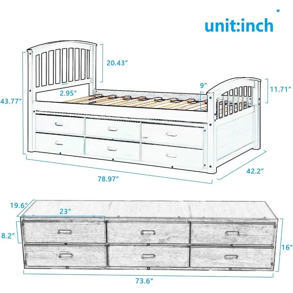 Cadre de lit en bois massif pour enfants, cadre de lit pour enfants, plateforme de rangement de taille jumelle, 6 égouts de proximité