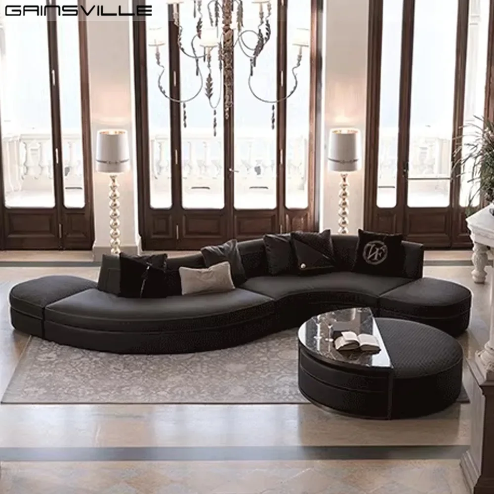 Italian Villa Hotel Furniture Suede Nubuck Leather Designer Arc U Shape Corner Sectional Sofa Set