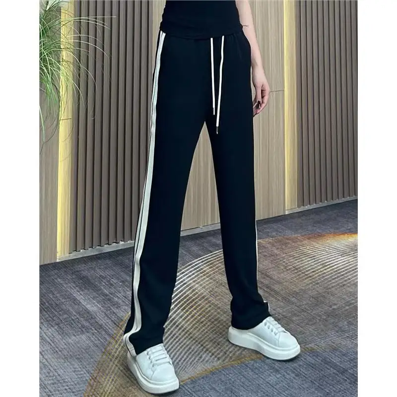 

Summer Ice Silk Spor Striped Drapey Straight Leg Casual Pants Men Lightweight Long Thin Faionable Trousers High Waist