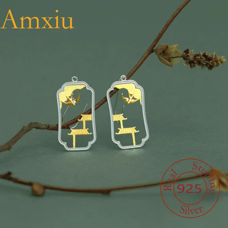 Amxiu Sterling Silver 925  Hollow Style Elegant New Chinese Garden wallow Pavilion Temperament Earrings