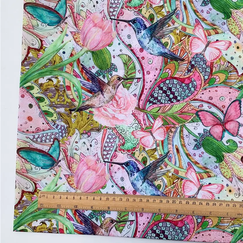 Polyester Cotton Fabric butterfly Birds Printed Cloth for DIY Sewing Patchwork Dress Crafts Quilting Woman decorating turban