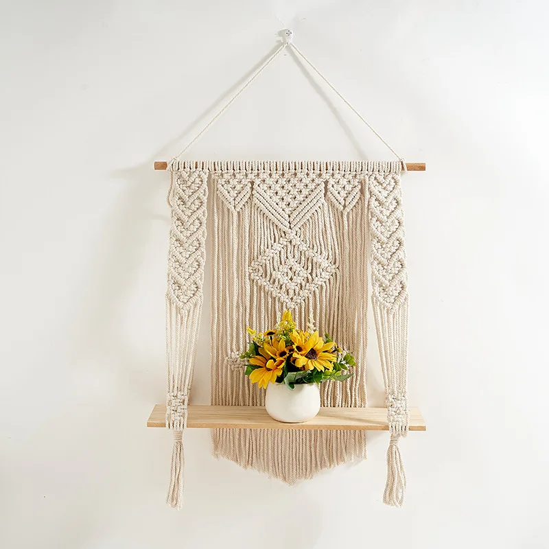 Handwoven Knot Wall Shelf Bohemian Macrame Cotton Rope Hanging Shelf Nordic Rustic Home Decor Storage Shelf