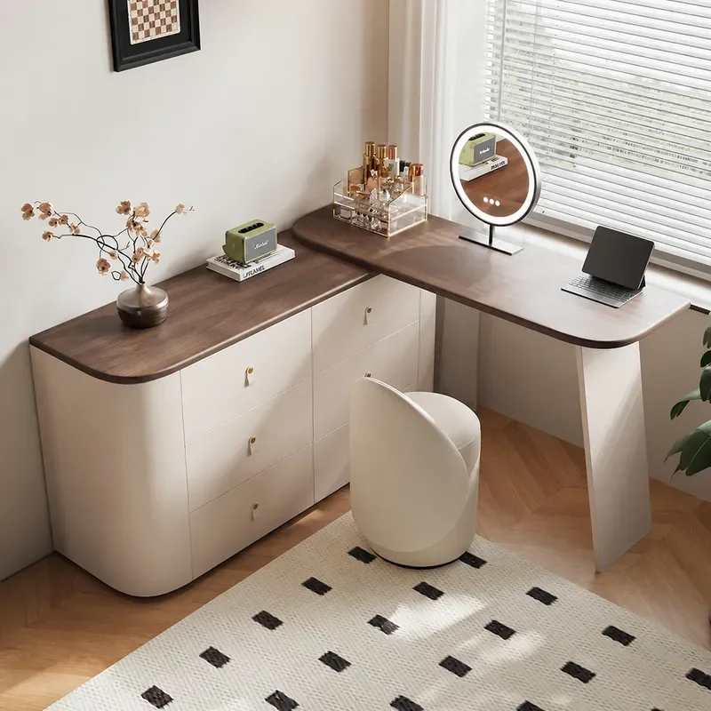 Retro Style Bedroom High End Solid Wood Dresser Storage Cabinet Walnut Veneer Skin Leather Dresser
