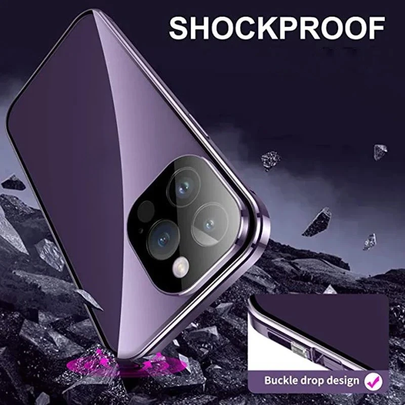 360 ° Full Protection Metal Magnetic Double-Sided Glass Snap Lock Privacy Case For iPhone 17 16 15 14 13 12 Pro Max Plus 17E 16E