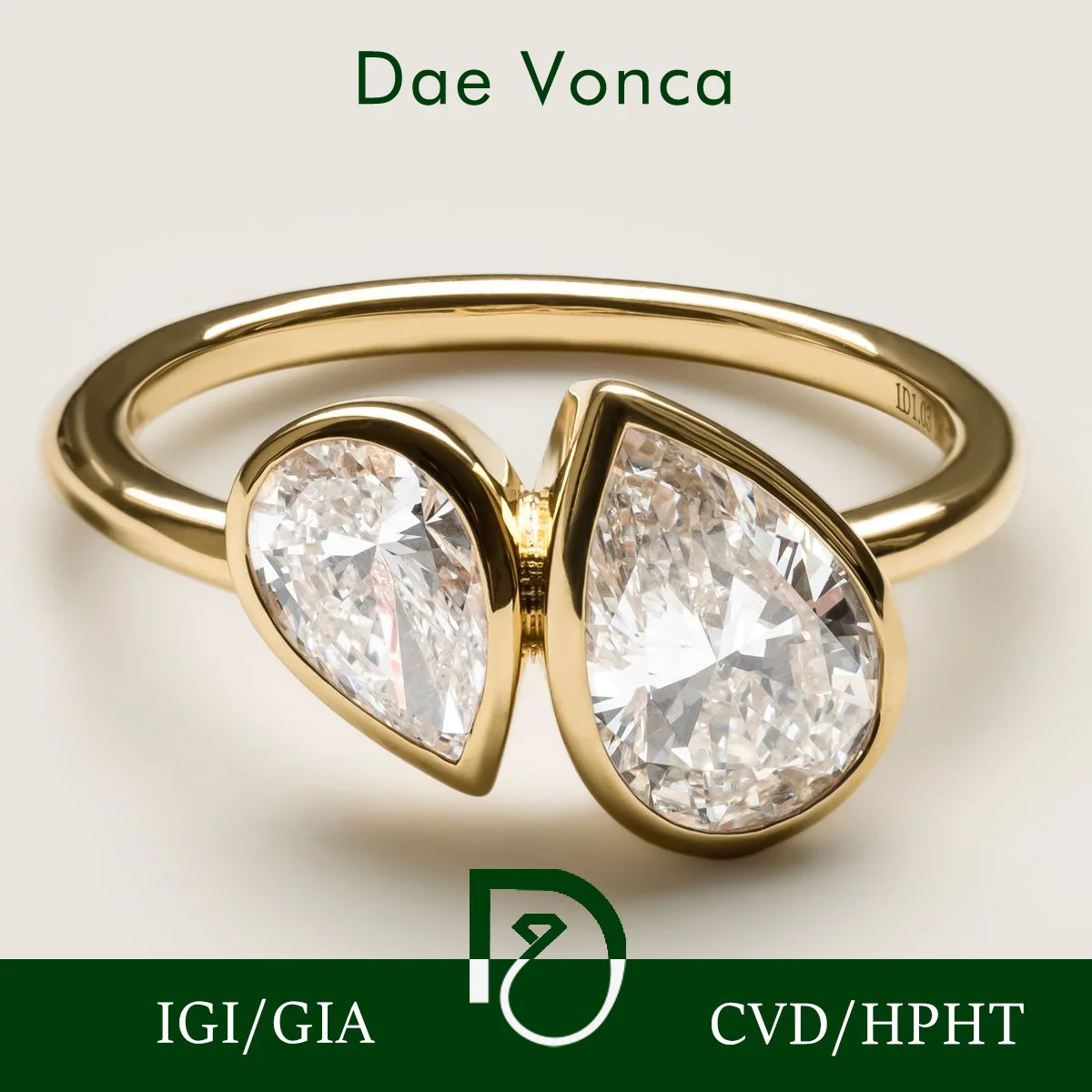 

9K/14K/18K Yellow Gold Two Pear Shaped Lab Grown Diamond Ring Total 1.5ct Low Setting Lab Diamond Engagement Ring