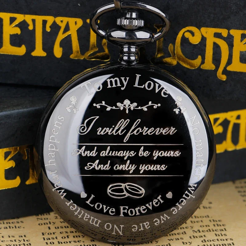 Creative Letter Engraving Shows Love Pure Black Quartz Pocket Watch Necklace Pendant Exquisite Gifts