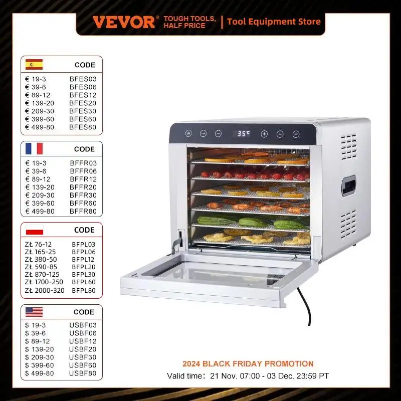 VEVOR mesin dehidrator makanan 700W, Pengering pengering pengering makanan kering 6 nampan kontrol suhu dengan Timer Digital