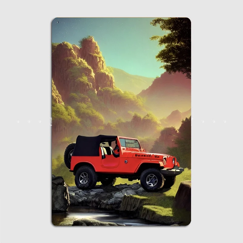 Red Jeep In A Forest Near The River Art Print Metal Plaque Plaques Wall Personalized Club Home Tin Sign Poster