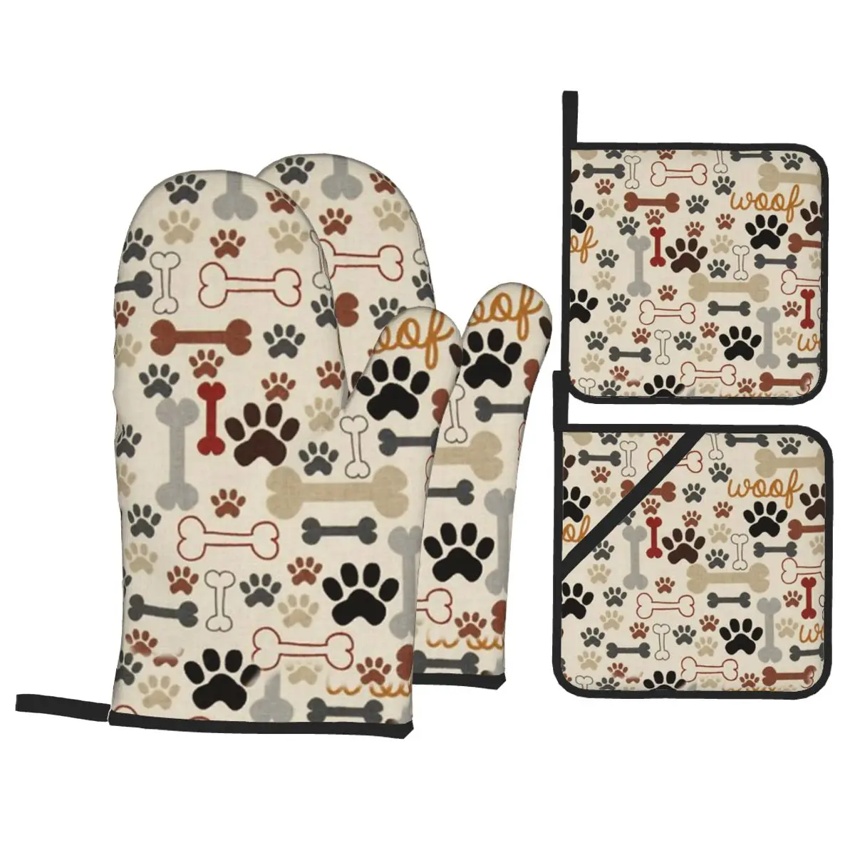 

Dog Bones Paw Oven Mitts and Pot Holders Sets of 4 High Heat Resistant Oven Mitts with Oven Gloves and Hot Pads