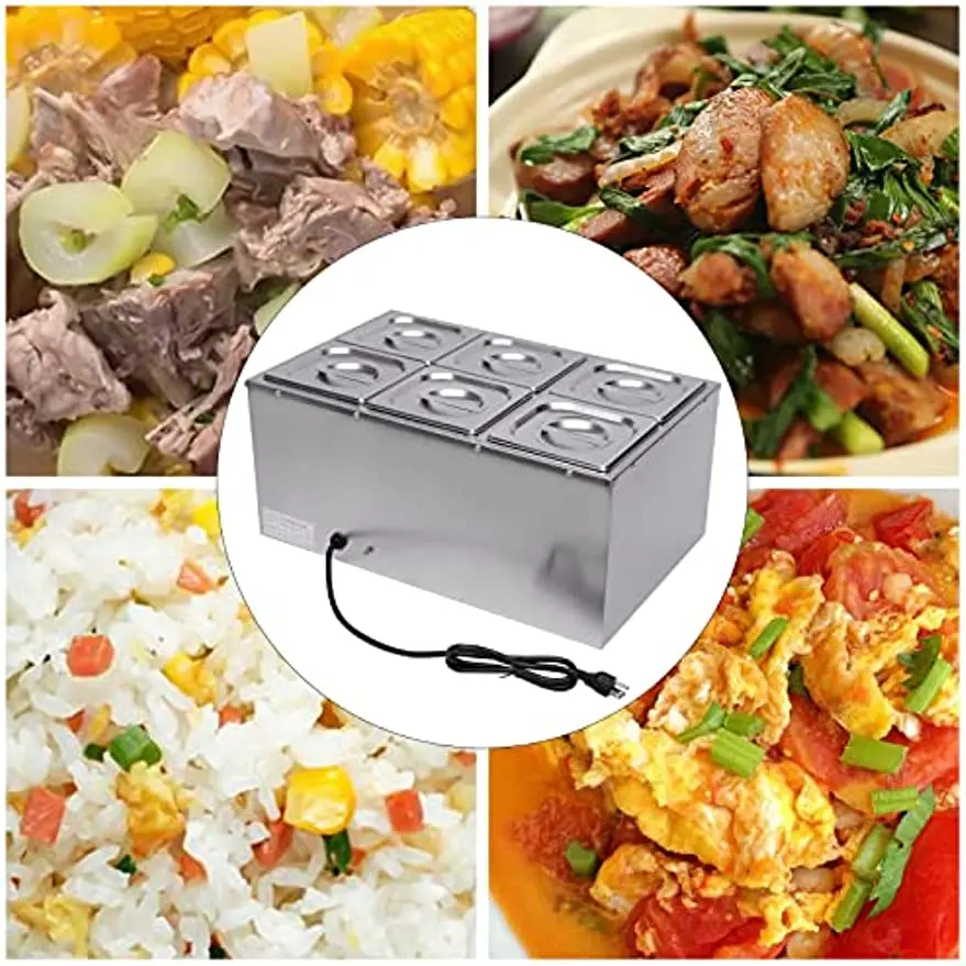 110V Commercial Food Warmer 6-Pan Stainless Steel 600W Steam Table Temp Control 30-85 Electric Soup Warmer with Lids