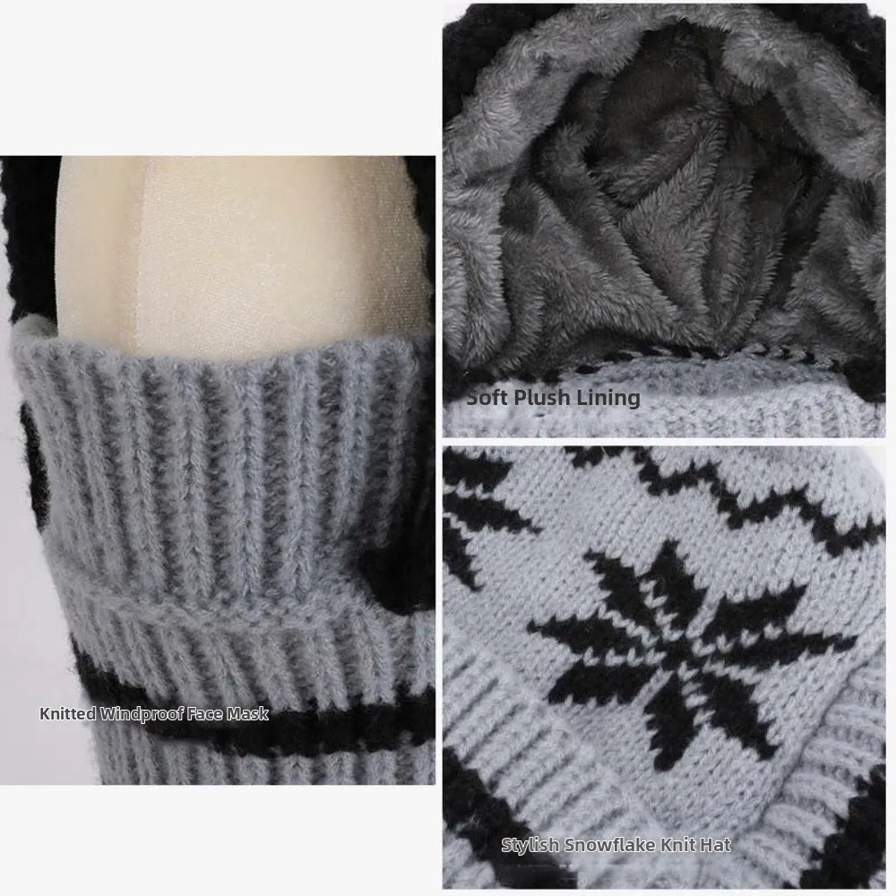 Fleece Lining Knitted Balaclava Hat Ear Protection Snowflake Jacquard Winter Beanie Mask Full Cover Soft Thermal Face Cover