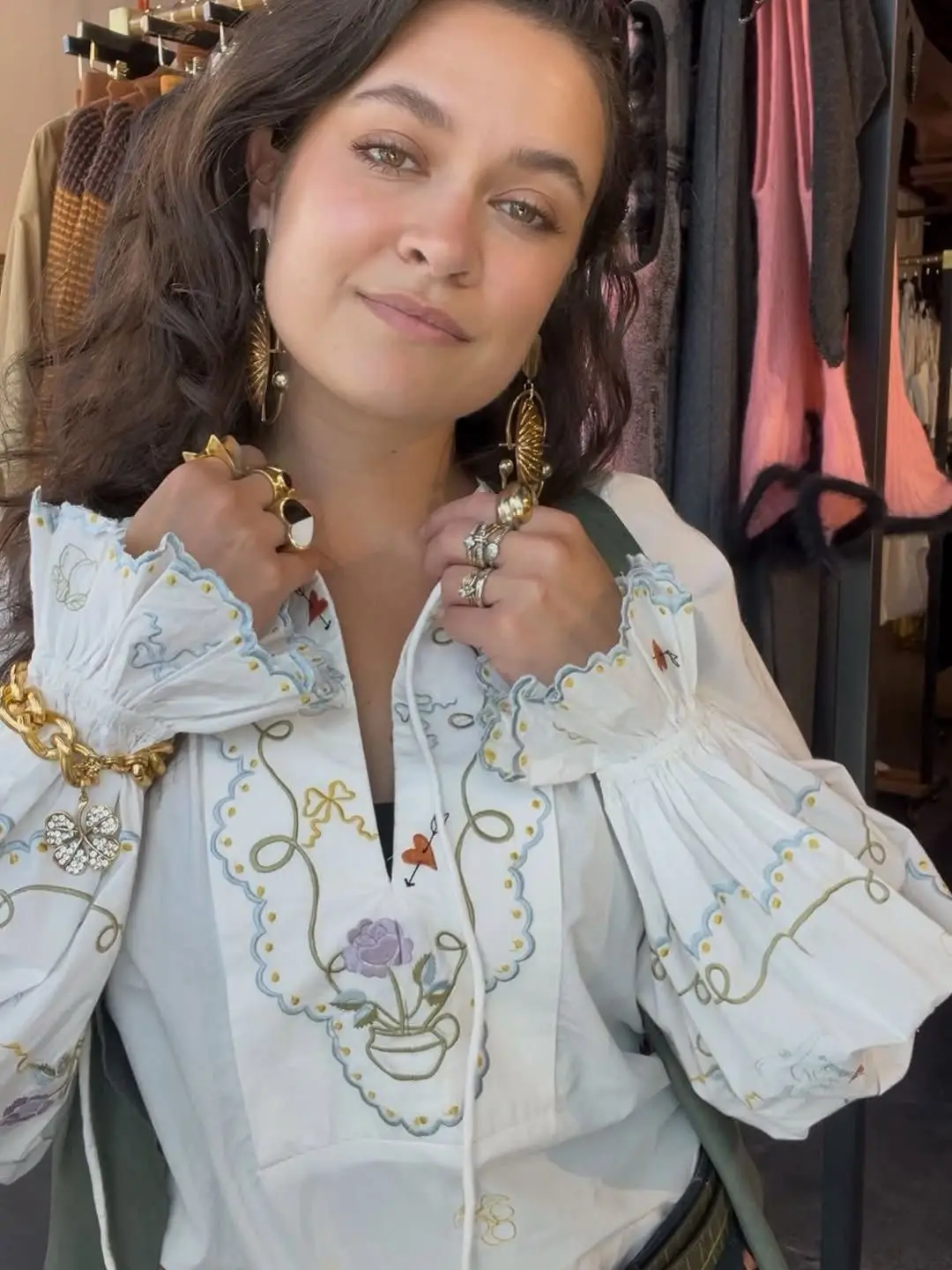 

100% Organic Cotton Women Shirt Embroidery Flower Flare Long Sleeve Blouse