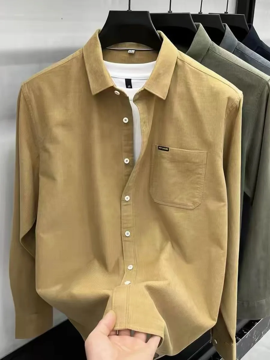 Retro Corduroy Long Sleeve Shirt Men's Casual Versatile Loose Fit Button up Cardigan Style Standard Cut Warm Non-Ironing Shirt