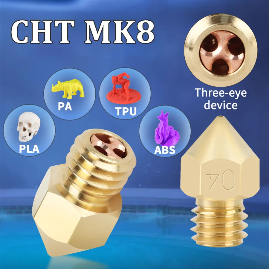 

MK8 CHT сопло из латуни с высоким потоком 0,2/0,3/0,4/0,5/0,6/0,8/1,0 мм детали для 3D-принтера Clone CHT MK8 сопла для Ender 3 CR10 KP3S Pro
