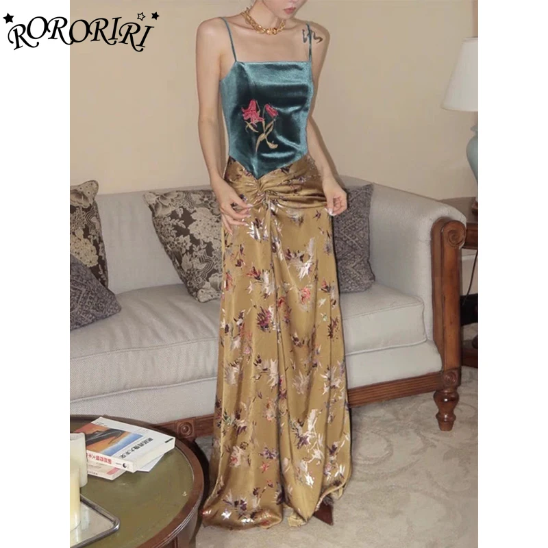 RORORIRI Embroidery Velvet Stitch Floral Long Dress Women Contrast Print Twist Backless Camisole Dress Neo-Chinese Retro Clothes