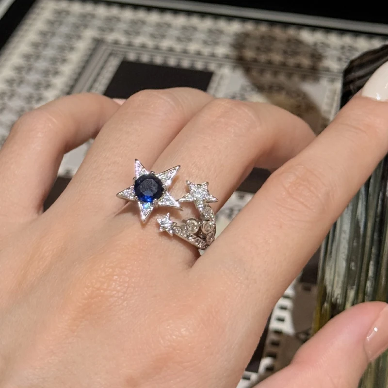 

Inspiration Fashion starry Sky inlay Diamonds Trendy Blue Gem rings for women Light Luxury Star Ring adjustable Wedding Jewelry