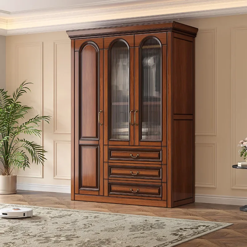 Solid wood wardrobe bedroom home wardrobe with top cabinet