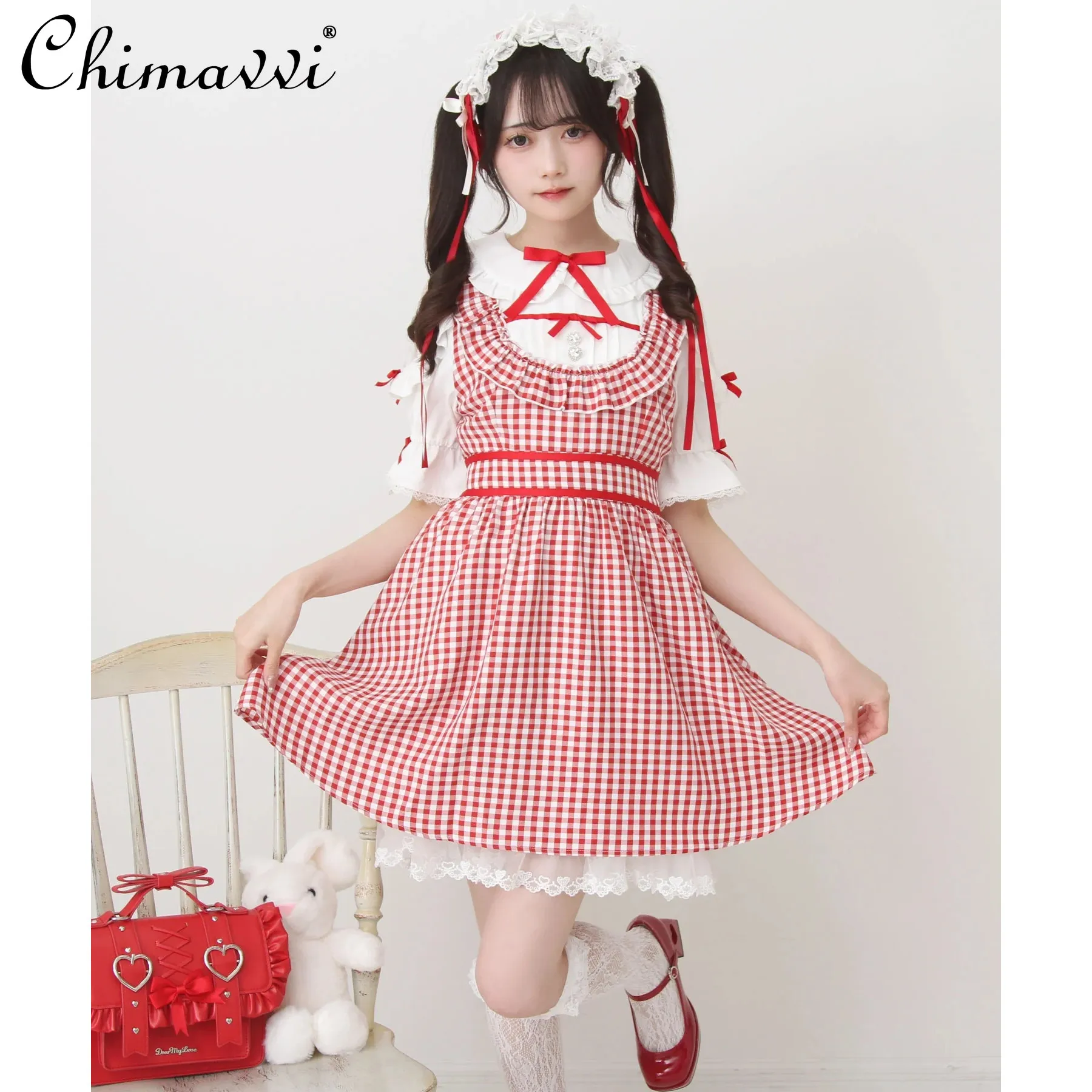 

Japanese Sweet and Cute Dress 2025 Summer New Lolita Lace Splicing Off-the-shoulder Slim-fit Temperament Short Doll Dress