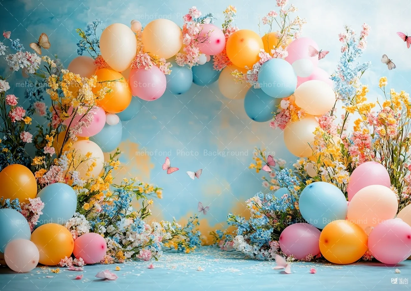 Mehofond Photography Background Minimalist Blue Graffiti Wall Balloon Door Flowers Butterfly Kids Family Portrait Backdrop Decor