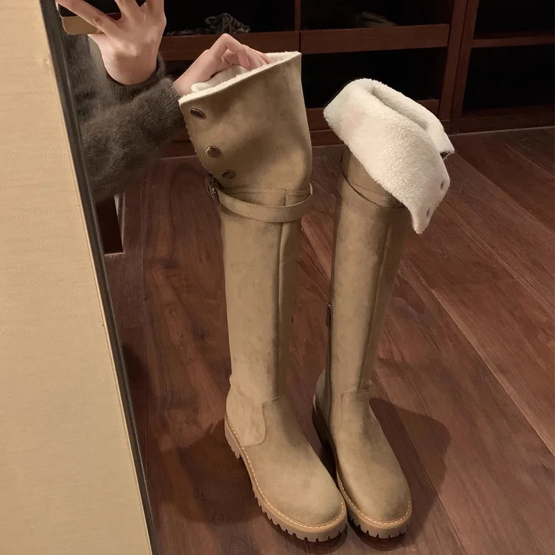 

Luxury Women's Knee High Boots Winter Warm Boots Designer Round Head Shoes for Women Belt Buckle Thick Heel Elastic Long Boots