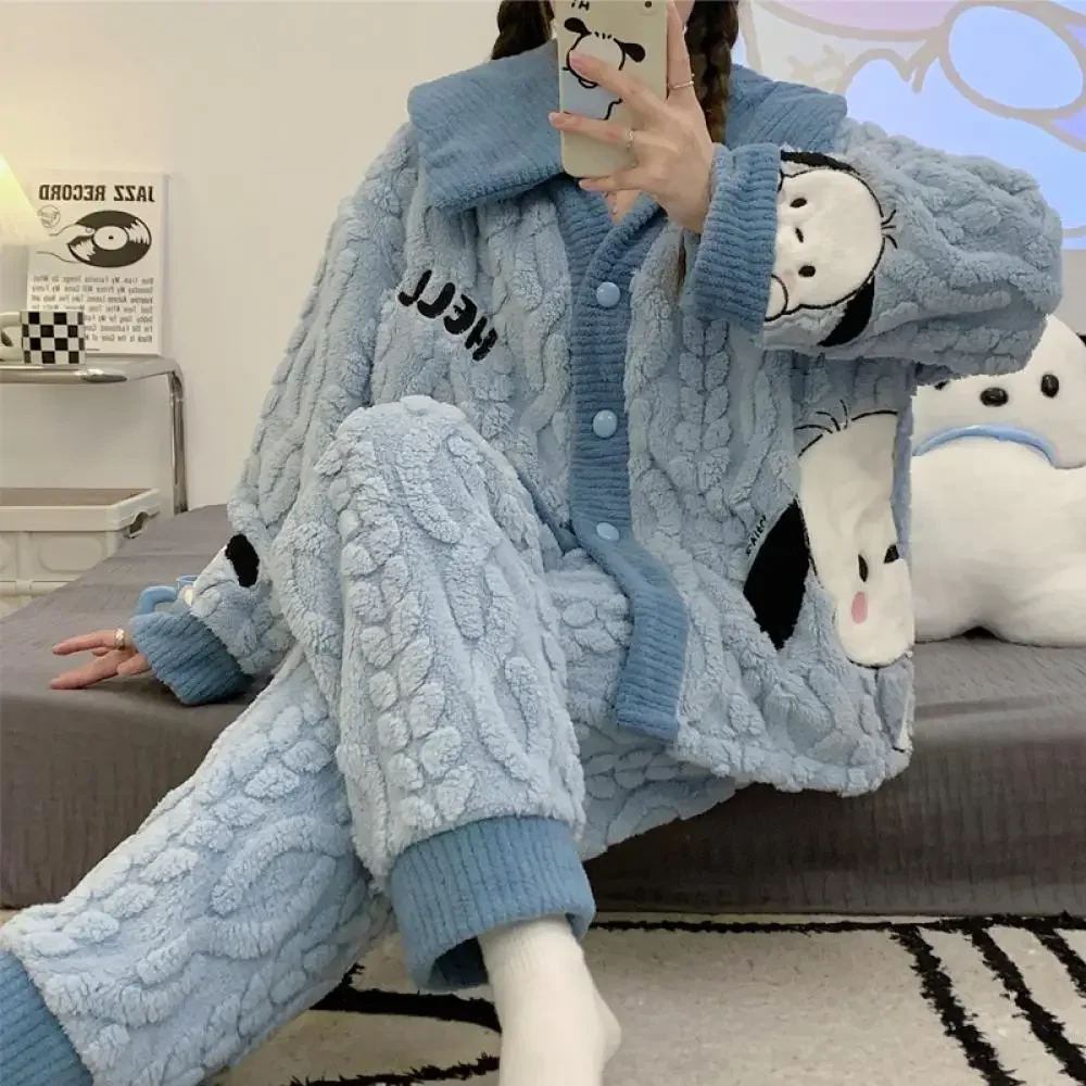 Kawaii Sanrioed Kuromi Women\'s Pajama Set Anime Cartoon Coral Velvet Cardigan Thickened Long Sleeve Warm Pajamas Winter Homewear