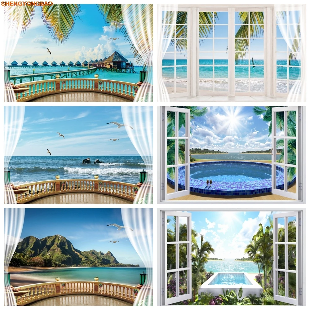 

Summer Window Seaside Beach Scenery Backdrop Photography Ocean Coconut Trees Palm Leaves Birthday Holiday Party Photo Background