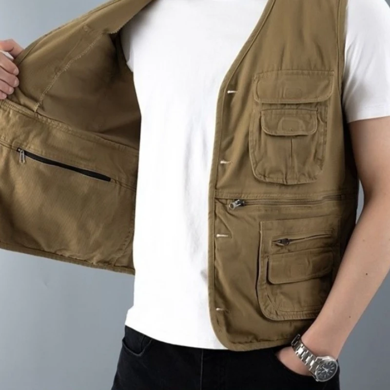Men Spring Autumn Cotton Multi-Pocket Vest Loose Outdoor Fishing Photography Casual Waistcoat Middle-Aged