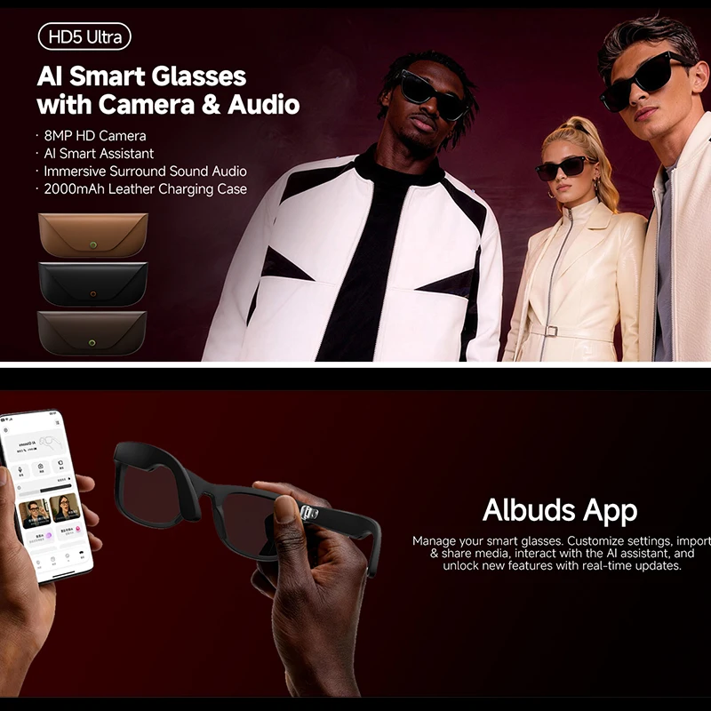 2026 Smart AI Glasses 8MP HD Camera Video Recording Voice Call With 2000 Mah Charging Case  AI Translation HD5 Ultra Glasses