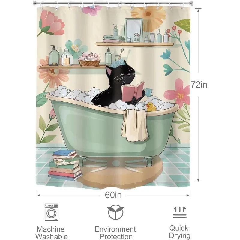 Funny Black Cat Shower Curtain with Mint Green Bathtub & Pink Bath Design - Cute Kitten & Tulip Leaf Pattern, High Quality Bathr