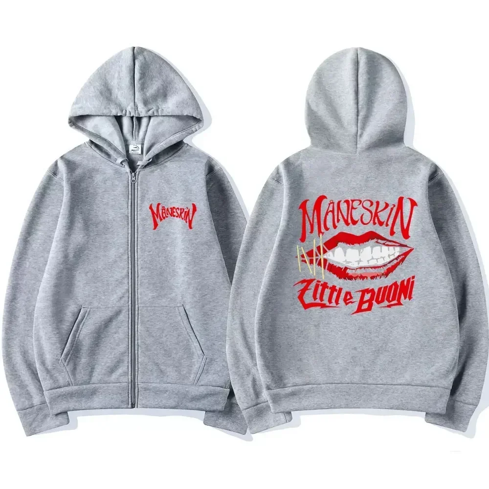 Men and Women\'s Maneskin Mouth Zipper Hoodies, Oversized Casual Cardigan, Zip Up Hoodie, Retro Streetwear Coats, Rock Band