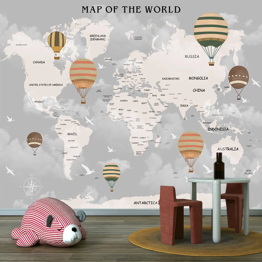 15+, Self Adhesive Optional, Wallpapers for Living Room Bedroom Kids Baby Balloon Home Decor Panel Cartoon Globe World Map Mural
