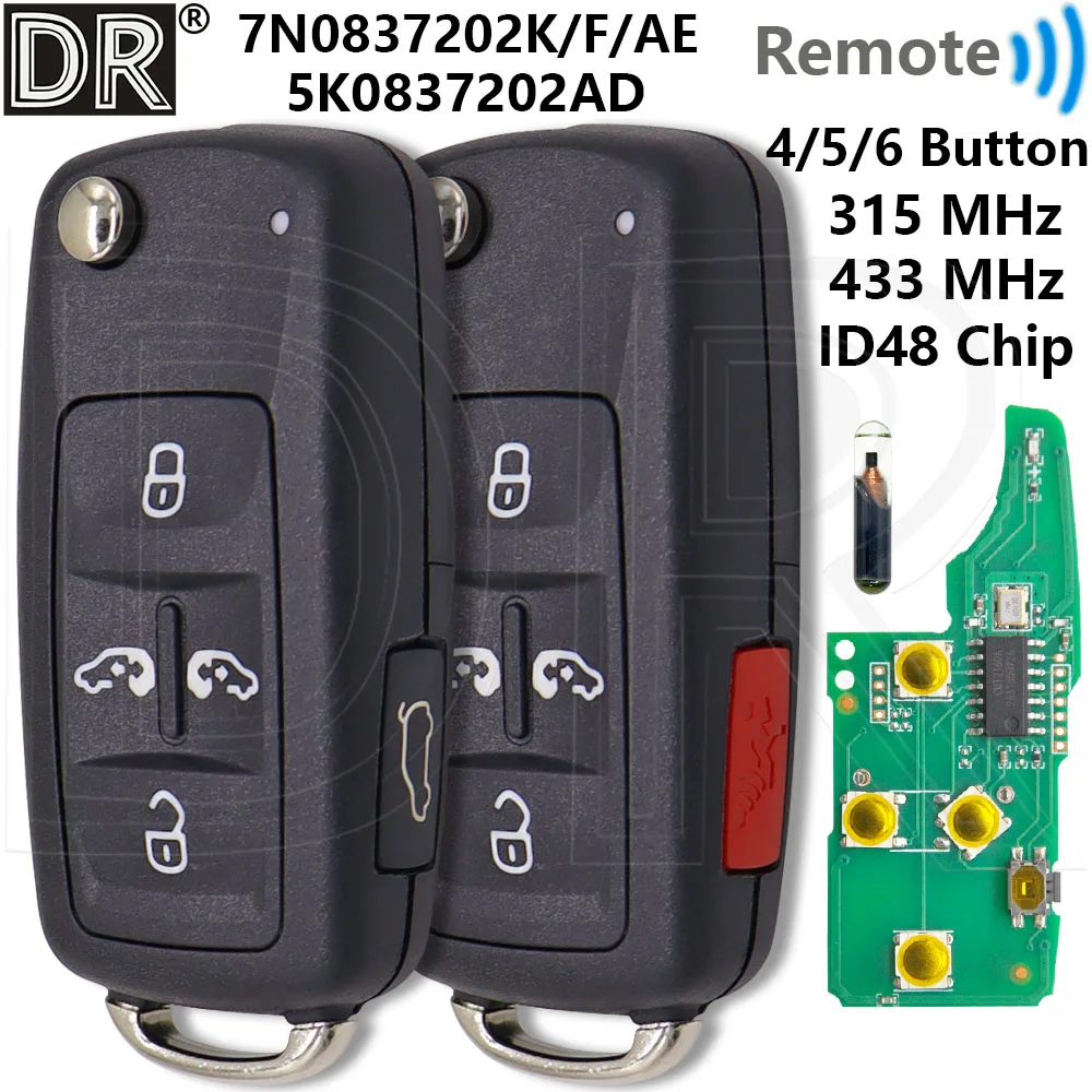 Great ID48 Chip 5K0837202AD 433MHz 5K0837202AE 315MHz Car Remote Key For VW Volkswagen Multivan T5 Sharan Caravelle 2009-2015
