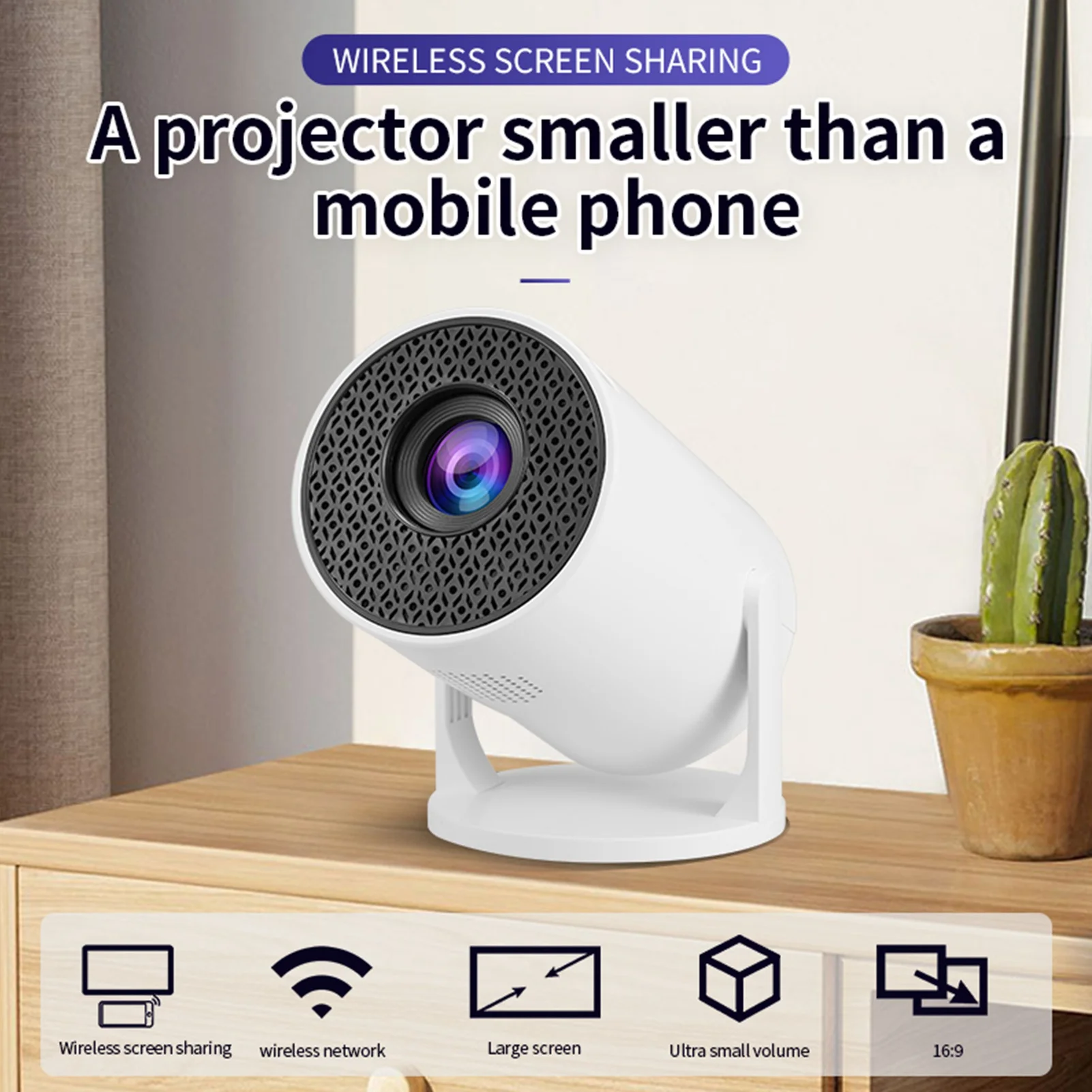 Projector White Wireless Fidelity 270ยฐ Adjustable LED 1080P Portable Movie Projector for Android Phone USB TV Stick Laptop