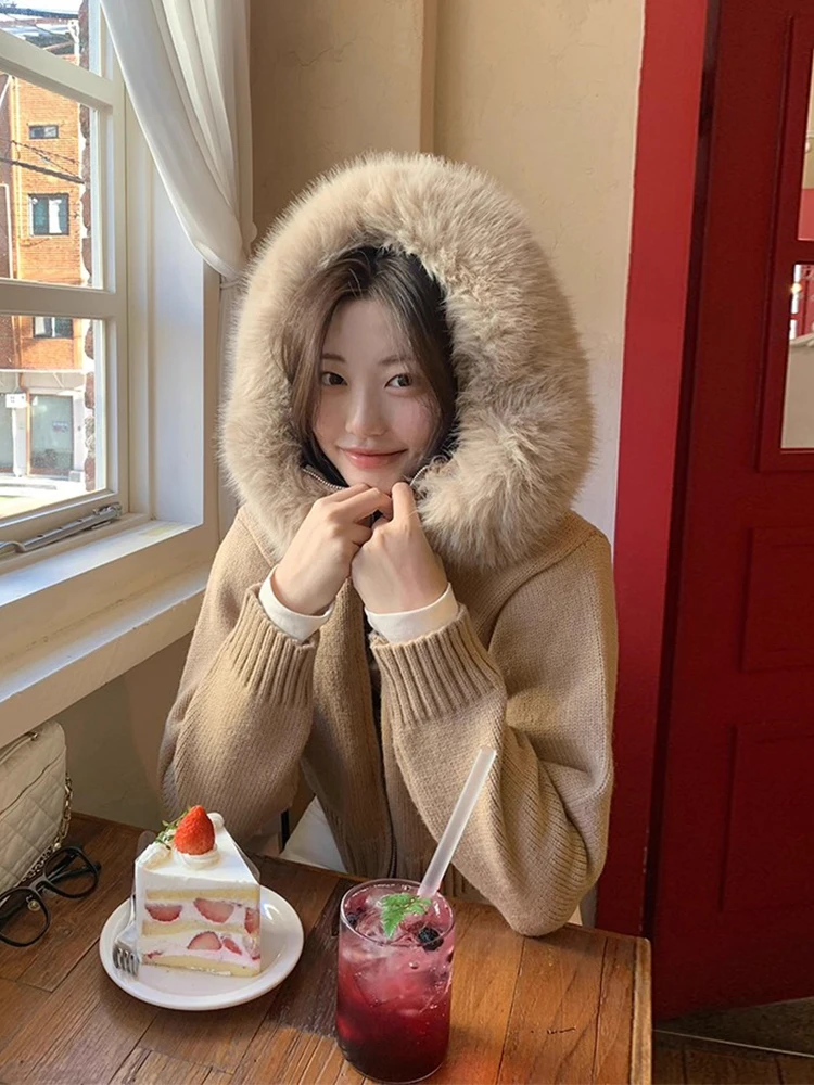

Clothland Women Sweet Fur Hooded Cardigan Zipper Long Sleeve Jacket Knitwear Sweater Female Chic Coats Mujer HA587