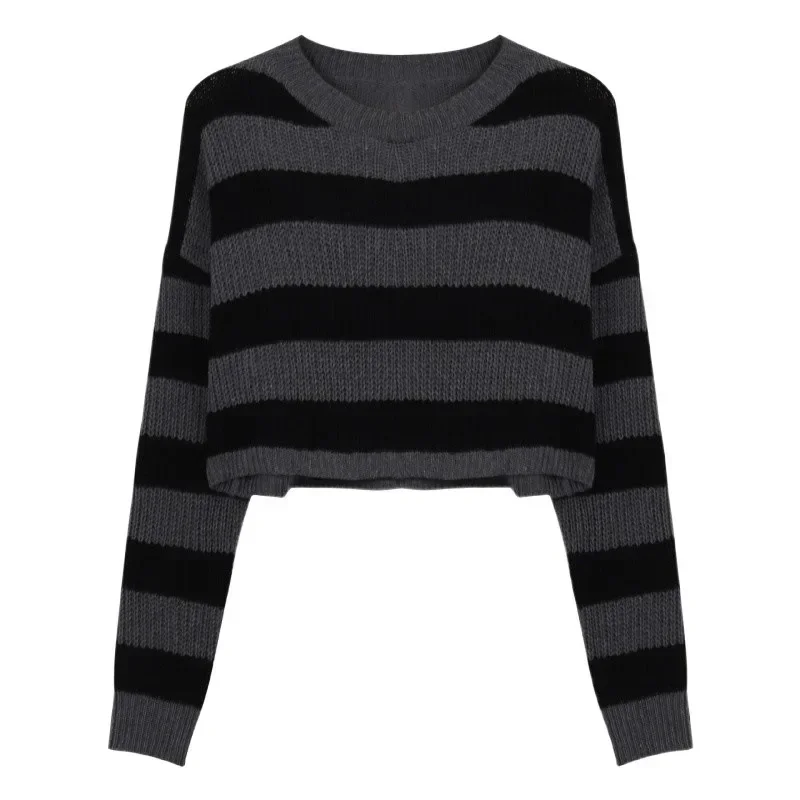 

Striped Cropped Sweater Women Vintage Oversize Knit Jumper Sweatshirts Female Autumn Winter Long Sleeve O-neck Pullovers Tops