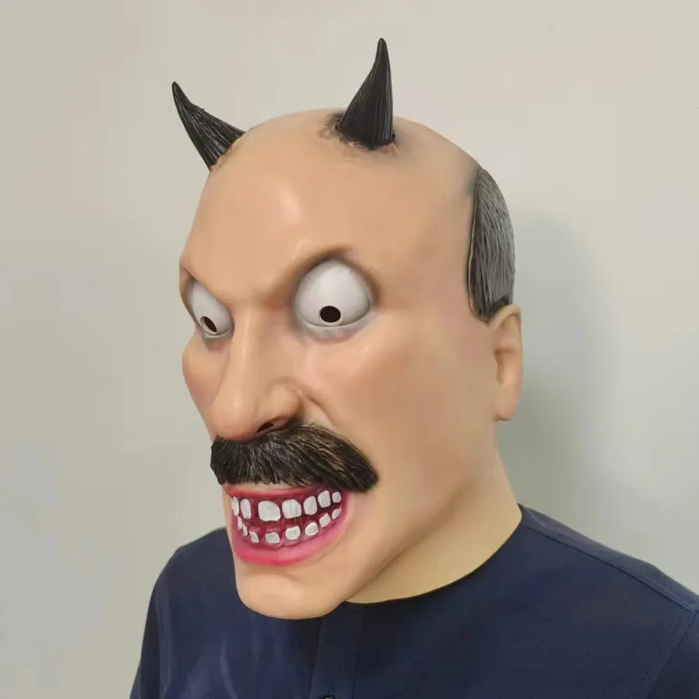 Lustige Gruselige Dämonen-Maske aus Latex mit Hörnern, Schnurrbart und Hervortretenden Augen für Erwachsene, Halloween-Cosplay, Maskerade-Party-Requisiten – Detail 1