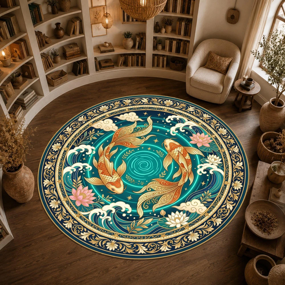 Koi Fish Ocean Wave Ornamental Border print Round Rug,Japanese Style Room,Living Room Sofa,Entryway home decor Non Slip Rug
