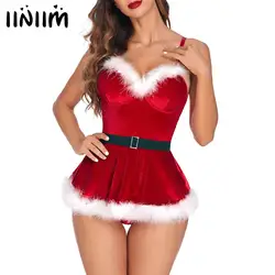 Womens Velvet Mrs. Santa Claus Christmas Cosplay Costume New Year Dress Plush Feather Trim V Neck Slip Red Mini Dress with Belt