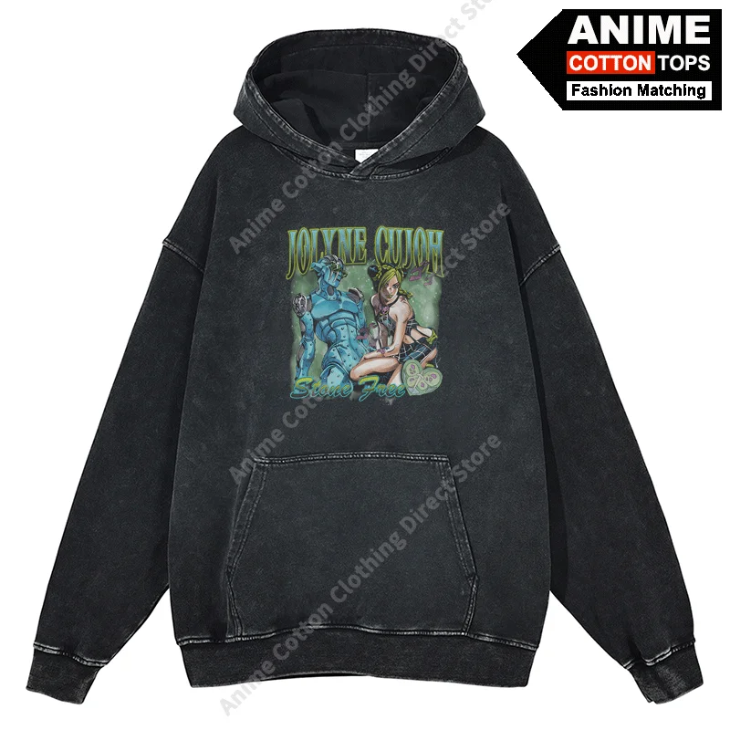 JoJo's Bizarre Adventure Stone Ocean Kujo Jolyne sudaderas con capucha de algodón lavado Vintage Unisex, sudadera holgada de gran tamaño, chándal