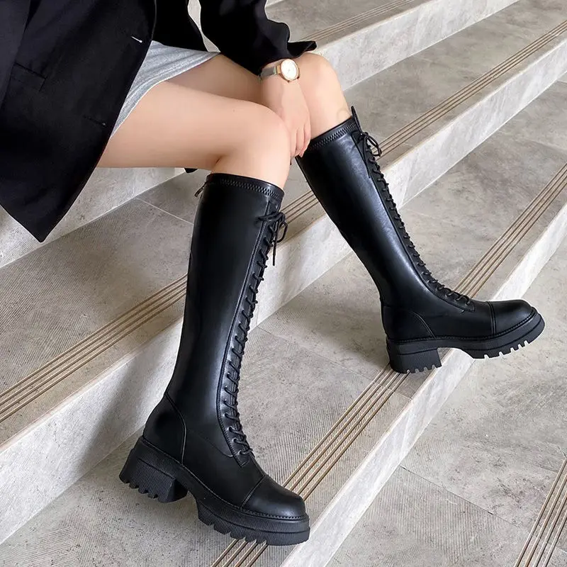 Shoes for Woman Footwear with Laces New Rock Long Women\'s Boots Black Winter Knee High Shaft White Lace-up Waterproof Cosplay In