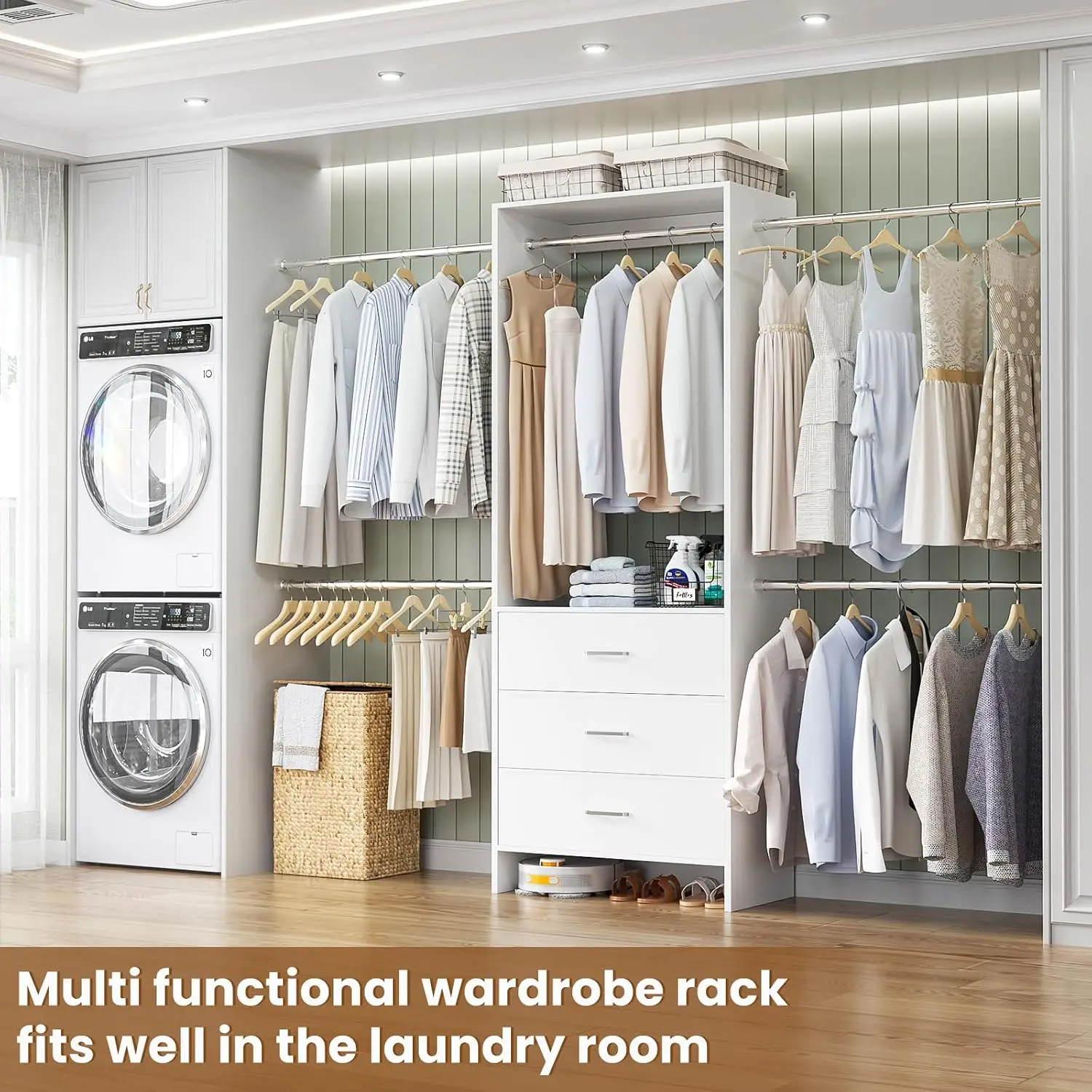 White Closet Organizer System 4.2-9Ft Adjustable 4 Rods Wardrobe Storage Solution, Customized