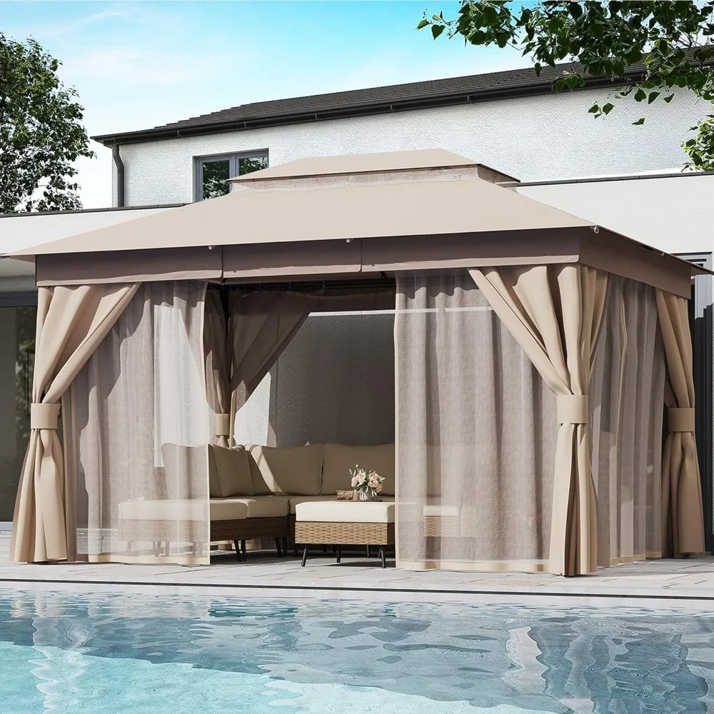 

Semi-Permanent Outdoor Patio Gazebo 10'x13', Heavy Duty Party Tent Shelter with Double Roofs, Mosquito Nettings, Customized