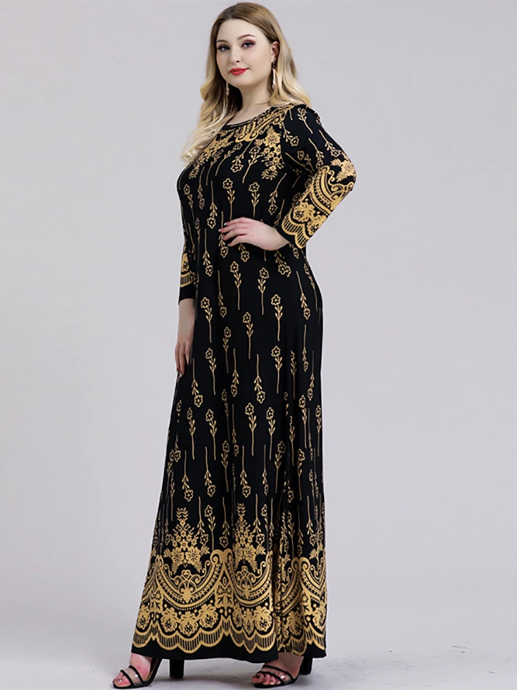 Abaya Muslim Dress Woman Autumn Winter Long Sleeve Retro Floral Print Maxi Long Dress Turkish Plus Size Islamic Clothing