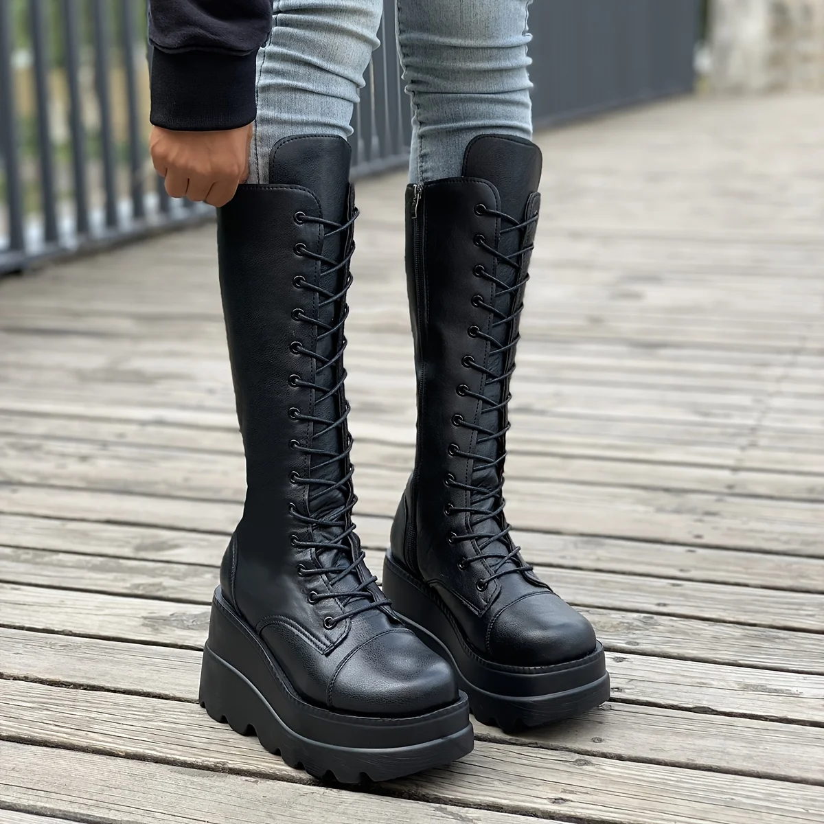 Bottes mi-mollet à talons compensés pour femmes, chaussures à lacets, style punk