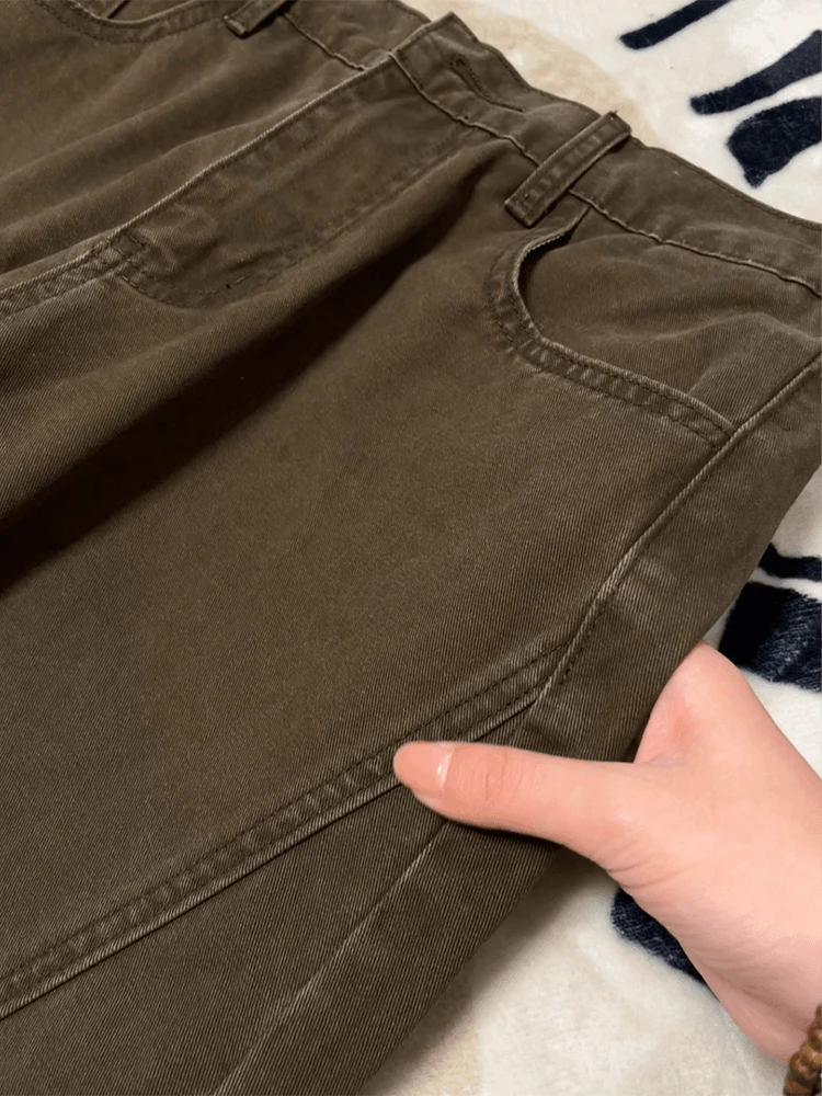 Cleanfit Brown Slanted Cut Knife Jeans Men's Fashionable Bootcut Straight Leg Pants Wear Resistant mid Waist Zipper Fly