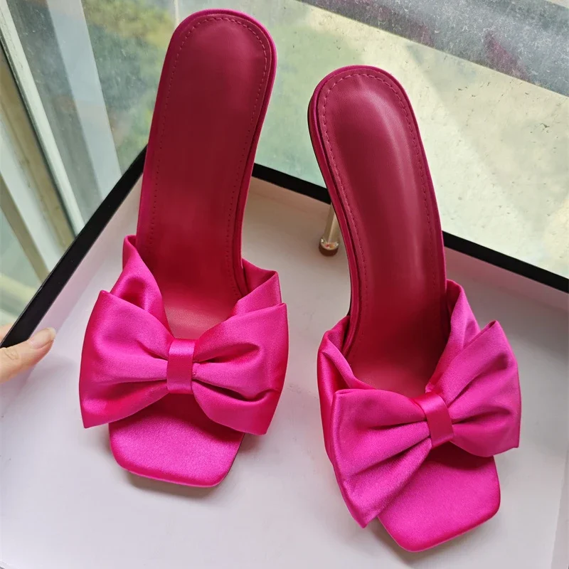 2024 Rose Satin Big Bow Slippers Square Head 11cm Metal Thin Heel Birthday Party Sandals Open Toe Beach Holiday Slippers 35-43