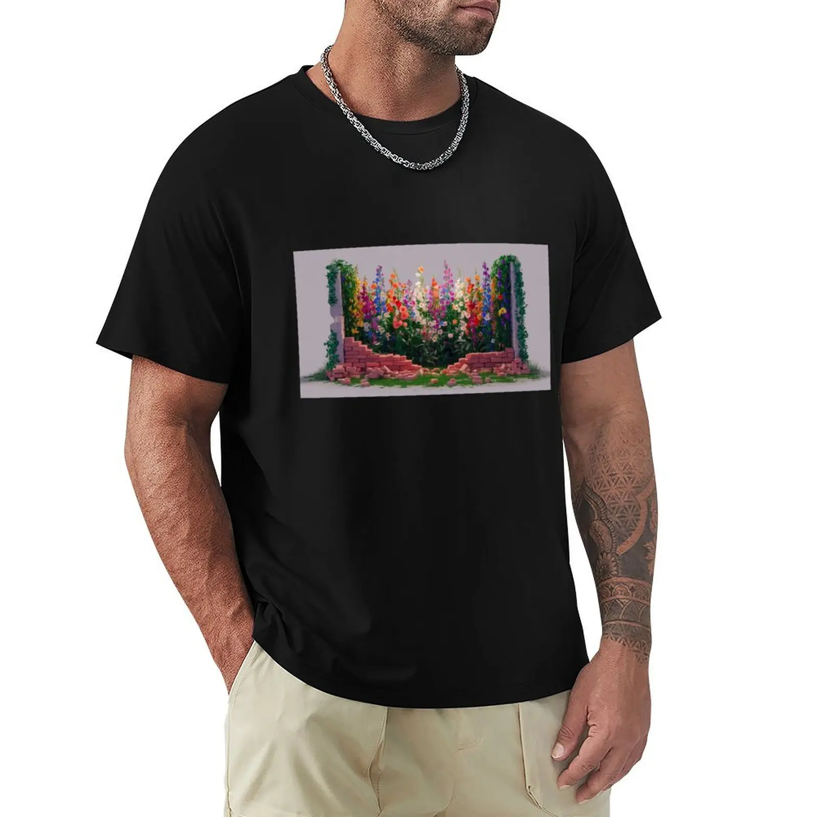 Flowers growing between the ruined wall T-Shirt cotton t shirt man T-Shirt