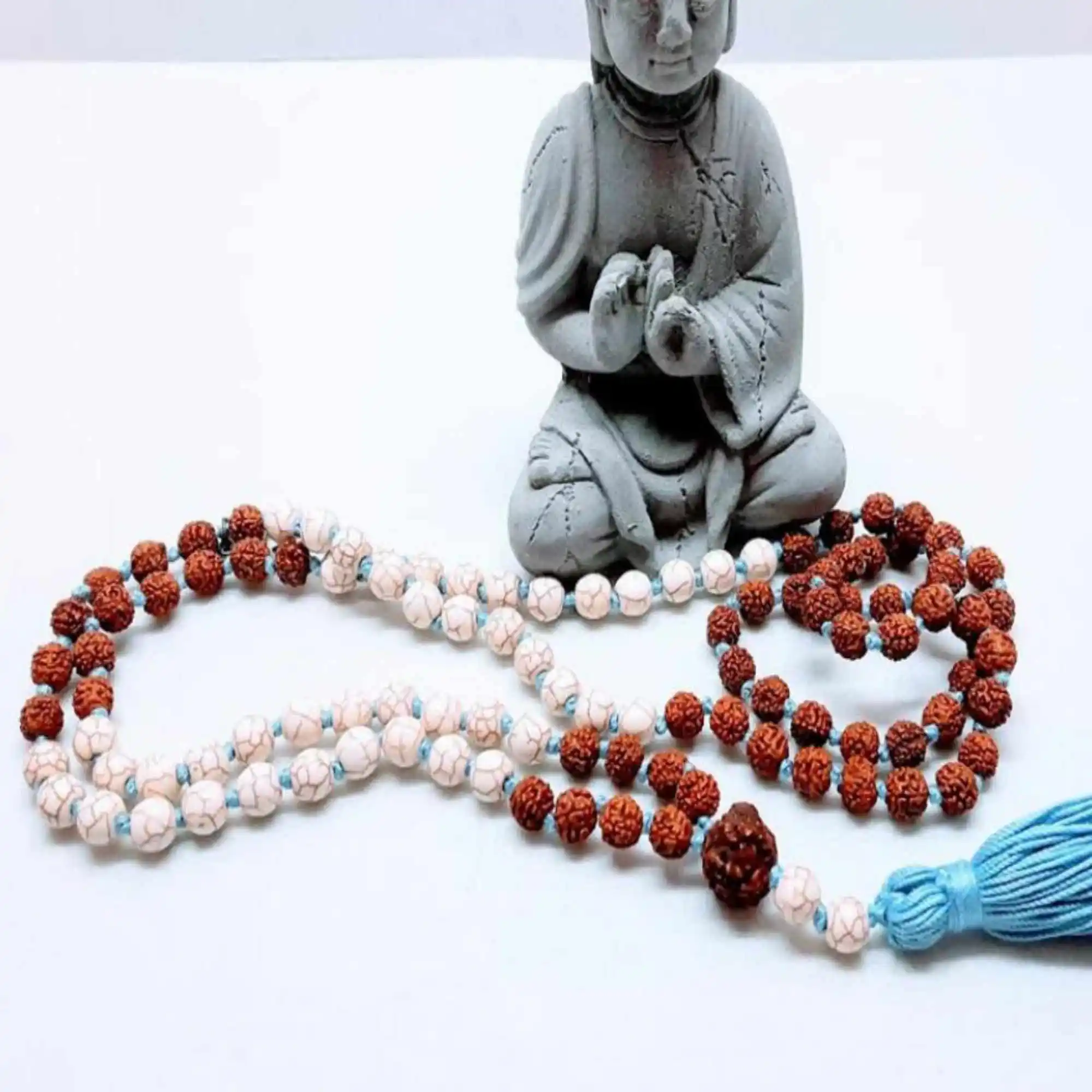 

8mm Natural Rudraksha howlita white turquoise beads necklace Yoga Mala Stress Buddhist Spirituality Healing Wrist Mental Energy