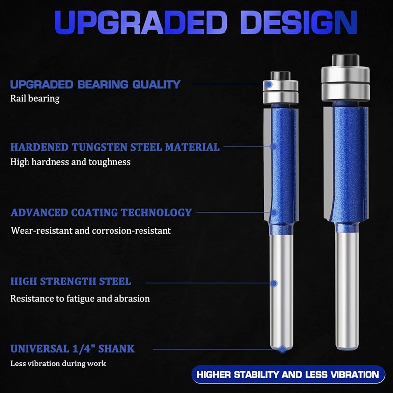 Kit de Bits Router Reto para Carpintaria, 1/4 Polegada Shank, Rolamento Inferior, Guarnição Flush, Kit Bit, Flush Cut, 4 pcs